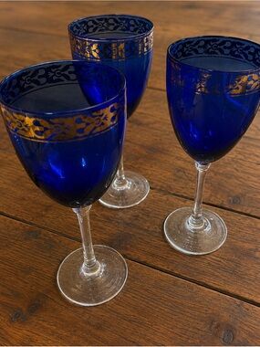 Antique Cobalt Blue Wine Glasses with Gold Filigree - Set of 3